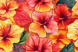 Exotic and tropical hibiscus flowers in shades of pink, orange, and yellow, seamless pattern texture Generative AI