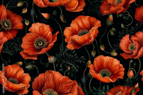 Vibrant orange and red poppy flowers on a black background, seamless pattern texture Generative AI © Denis Yevtekhov
