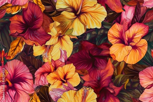 Exotic and tropical hibiscus flowers in shades of pink, orange, and yellow, seamless pattern texture Generative AI