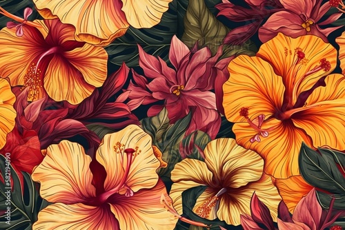 Exotic and tropical hibiscus flowers in shades of pink  orange  and yellow  seamless pattern texture Generative AI