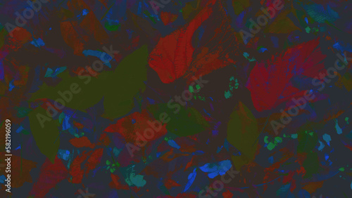 Leaves of different shapes in a wide range of colors on a brown backround. Herbal art illustration