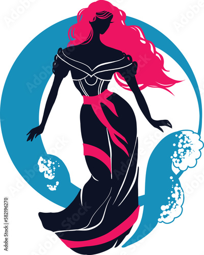 Silhouette of the goddess Aphrodite who go out from the sea against the backdrop of the moon. Isolated figure of a girl from mythology. Logo for a luxury project