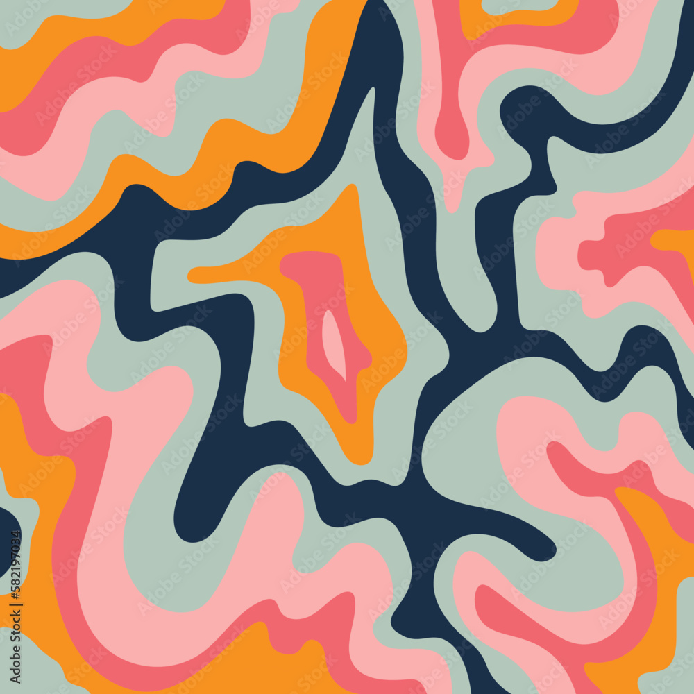 Wavy liquid swirl illustration. 1970s trendy groovy design background Wavy liquid swirl illustration. 1970s trendy groovy design background