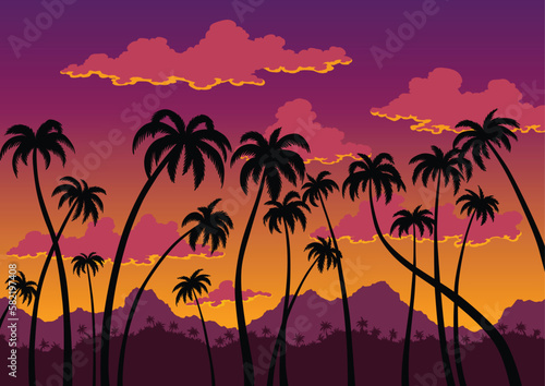 California sunset landscape. Coast wallpaper with black silhouette palm trees. Nature panorama of scenic violet-orange sky, tropical forest and mountains. Vector illustration