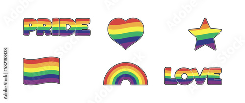 LGBTQ  stickers with rainbow flag, star and heart shapes. Pride month symbols and slogan. Gay parade icons. 