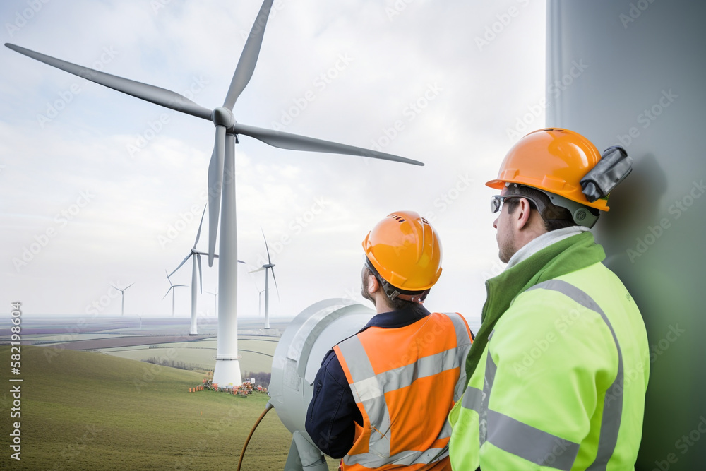 Generative ai maintenance engineer team working in wind turbine farm Generative ai maintenance engineer team working in wind turbine farm