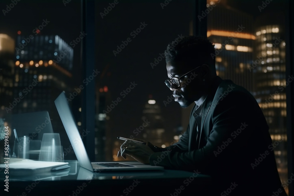 Generative ai black businessman working on computer at night Generative ai black businessman working on computer at night
