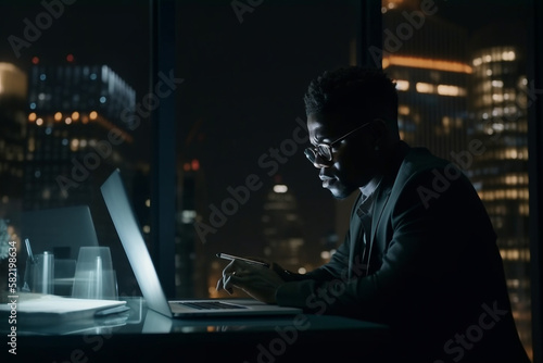 Generative ai black businessman working on computer at night