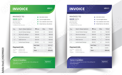 Business invoice form template. Invoicing quotes, money bills or price invoices and payment agreement design templates. Tax form, bill graphic or payment receipt page vector set