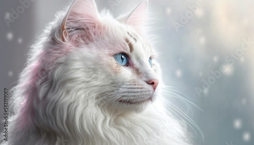 Turkish Angora Cat Medium Shot White Pink Blue Magical Fantasy Bokeh. Generative AI photo