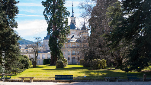 Front of the beautiful royal palace of La Granja de San Idelfonso, Segovia, Spain. photo