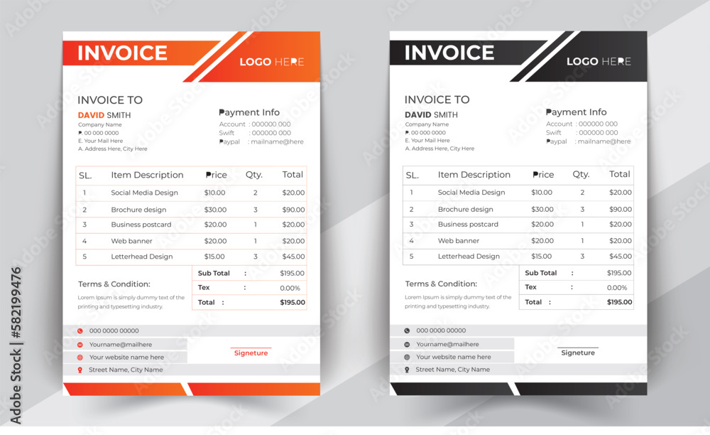 Business invoice form template. Invoicing quotes, money bills or price invoices and payment agreement design templates. Tax form, bill graphic or payment receipt page vector set 