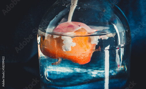 glass jar with apple on dark background with milk, background, spaces for text.