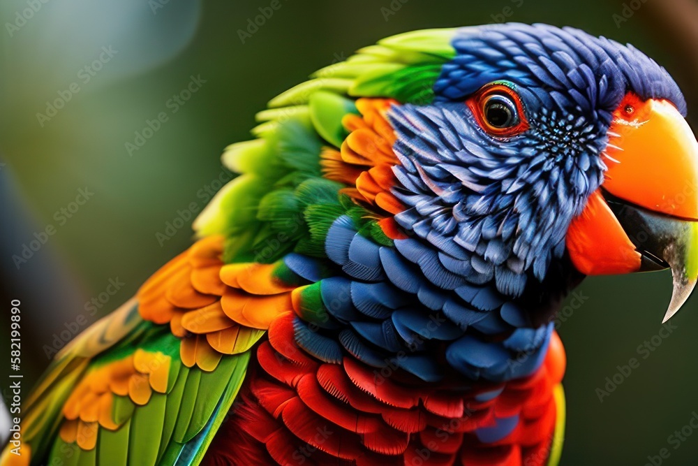 Obraz premium Rainbow lorikeet parrot in the treetops in a tropical rainforest, bright flowers and leaves, exotic plants, vines. Wildlife concept of ecological environment. Generative AI