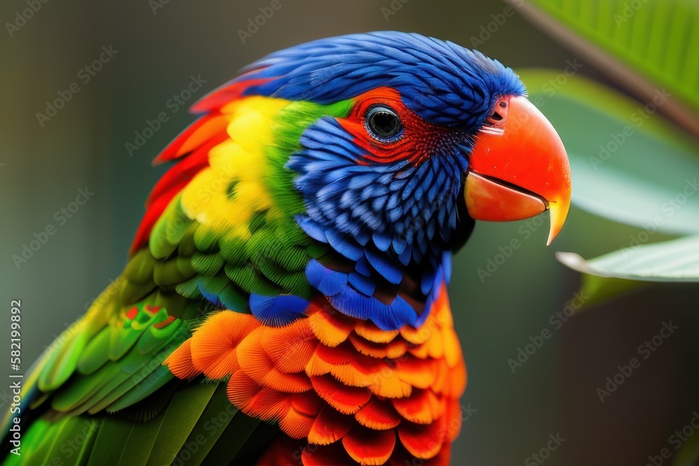 Fototapeta premium Rainbow lorikeet parrot in the treetops in a tropical rainforest, bright flowers and leaves, exotic plants, vines. Wildlife concept of ecological environment. Generative AI