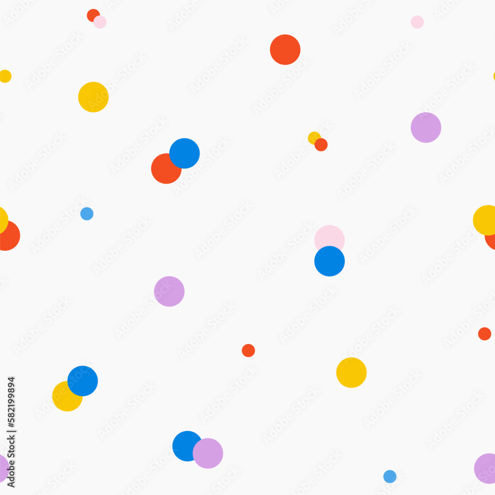 Vector seamless pattern with colorful dots on a white background. Repetitive elements. Childrens illustration for design, textile, wrapping paper. Vector stock illustration.