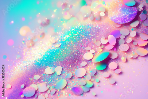 Blue, green and pink confetti on a pastel pink background. copy space, Generative AI
