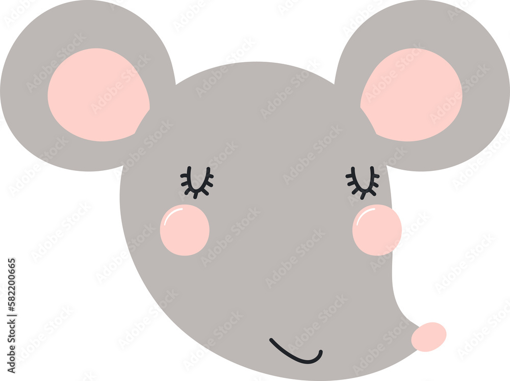 Fototapeta premium Cute funny baby mouse face cartoon character illustration. Hand drawn Scandinavian style flat design, isolated PNG. Wildlife, nature, kids print element