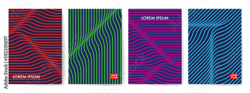 Set of Colorful Optical Art Design Covers. Vector 3d Geometric Illustration.