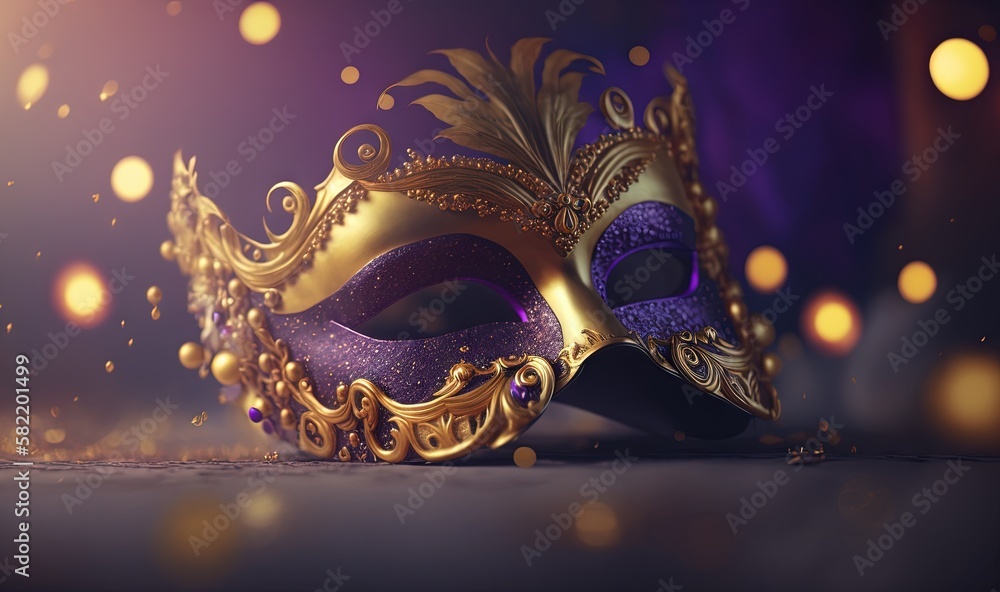 a close up of a purple and gold masquerade mask on a purple and gold
