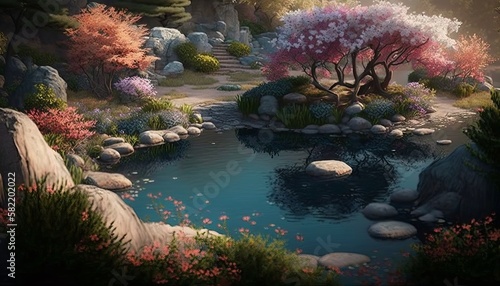 Tranquil Zen Garden with Winding Paths and Blooming Flowers © Jardel Bassi