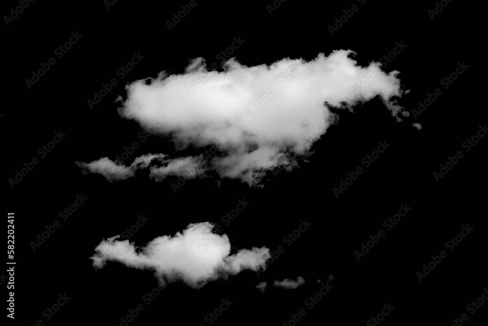 White cloud on a black background. Dramatic small clouds. Black and white atmospheric template