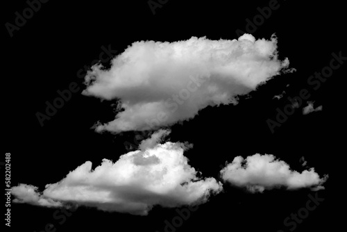 White cloud on a black background. Group of small clouds. Black and white atmospheric template