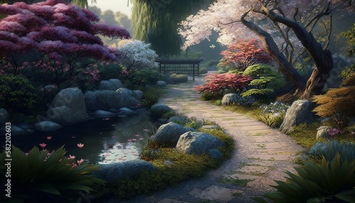 Tranquil Zen Garden with Winding Paths and Blooming Flowers © Jardel Bassi