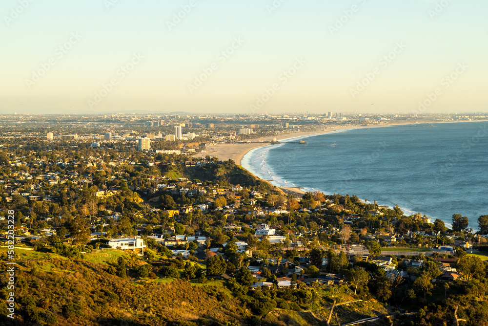 Overlooking the Santa Monica bay and beach neighborhoods of Los Angeles from above in the Santa Monica Mountains.