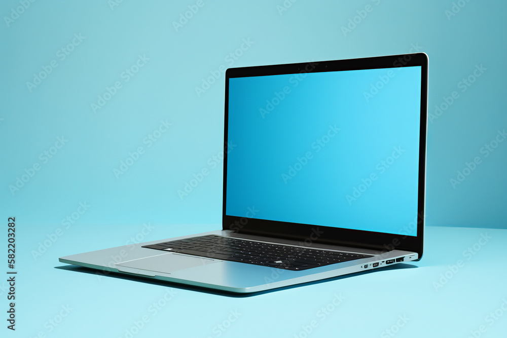 Modern laptop on clean blue background. Generative AI. Modern laptop on clean blue background. Generative AI.