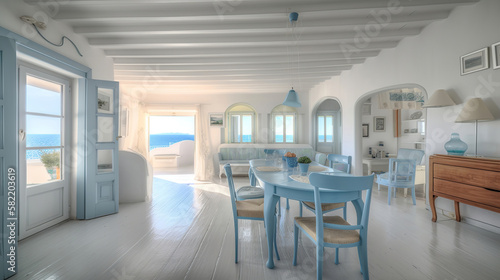 interior of a luxury beach hotel interior, view to the ocean, luxury resort, generative ai © Gbor