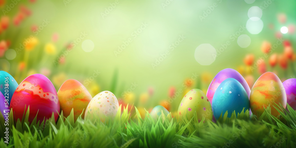 happy easter! easter eggs on grass, generative ai