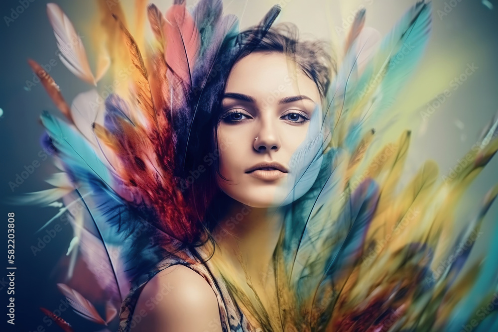 abstract double exposure portrait of a beautiful young woman with feathers, generative ai