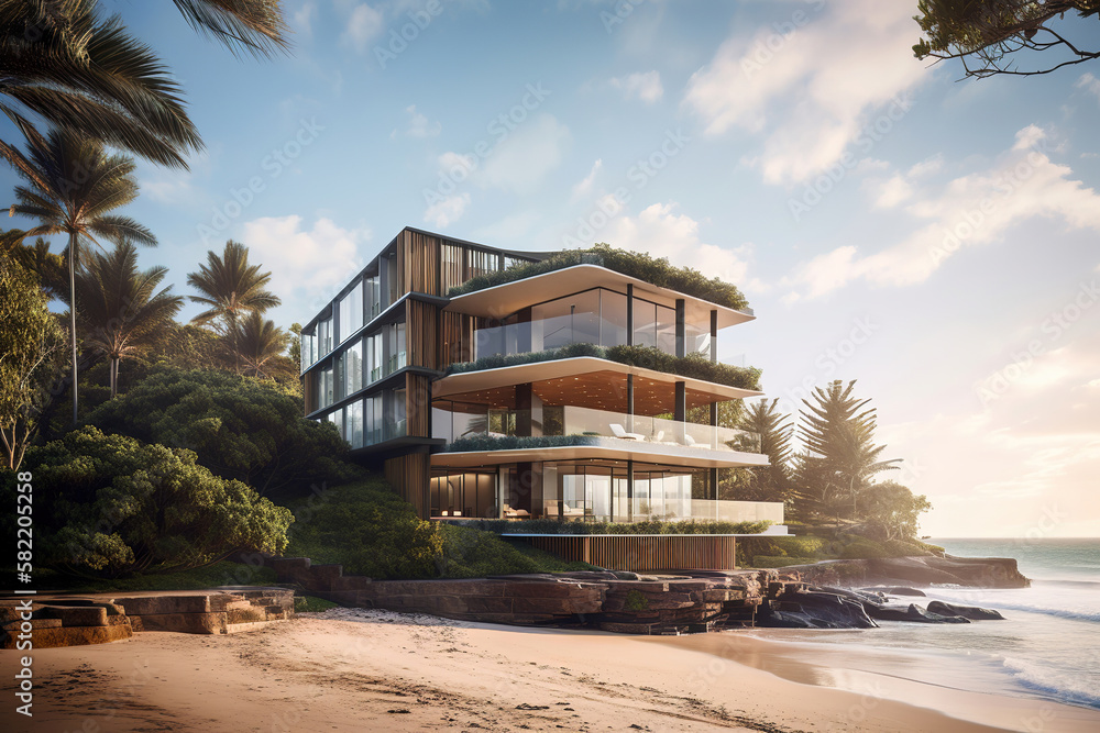 luxury beach hotel, modern building next to sea, generative ai