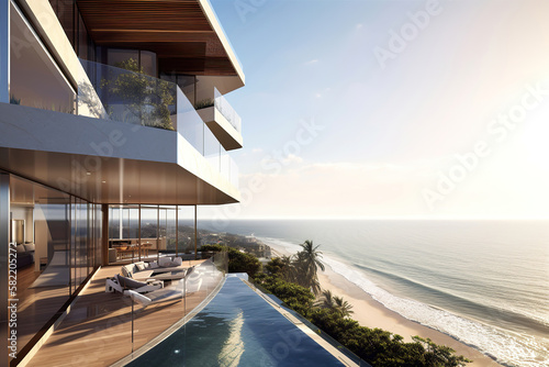 luxury beach hotel, modern building next to sea, generative ai © Gbor