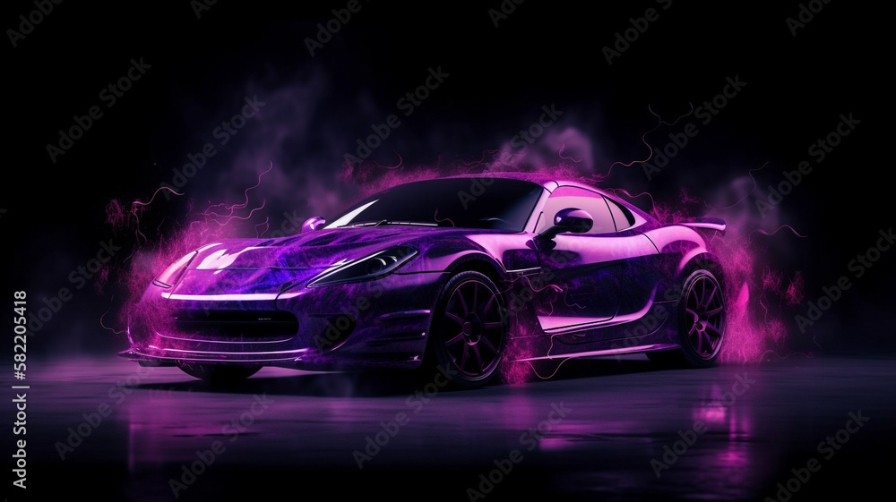 Purple sport car wallpaper on smoke neon background Generative AI