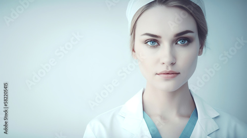 beautiful young nurse isolated on blue background, generative ai