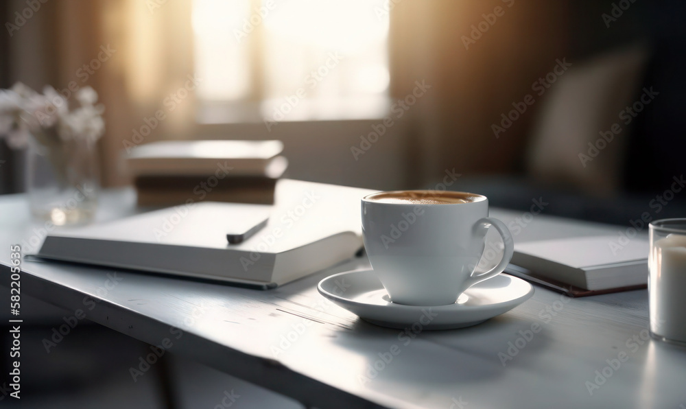 A cup of coffee on the desk office work study books notebook pen writing reading generative ai A cup of coffee on the desk office work study books notebook pen writing reading generative ai