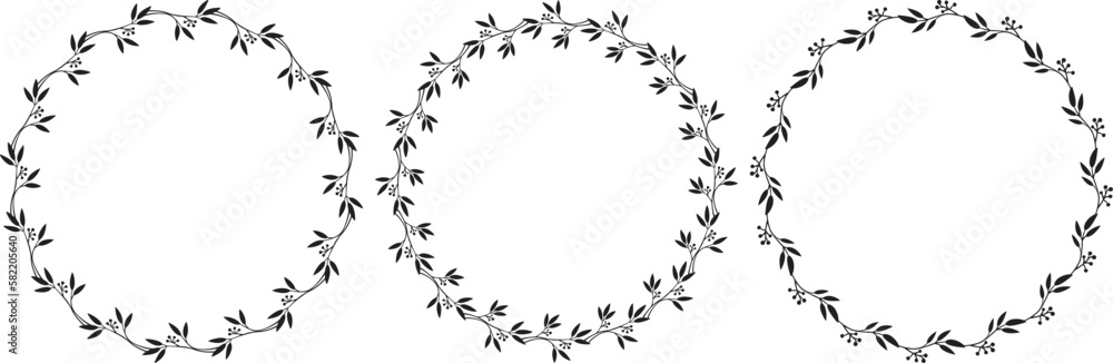 Obraz premium Set of three vector hand drawn floral frames isolated on white background. Round black wreath with plants