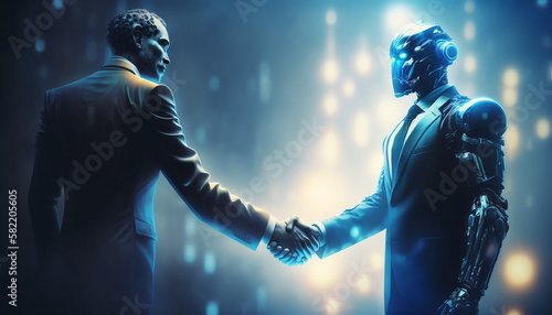AI created picture of AI shaking hands with a human - AI making buissnes with humans - AI created picture - Bussnes happening - Shaking hands with AI -  Blue tinted picture of a meetin photo