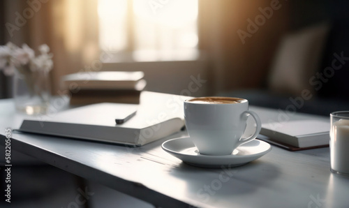 A cup of coffee on the desk office work study books notebook pen writing reading generative ai