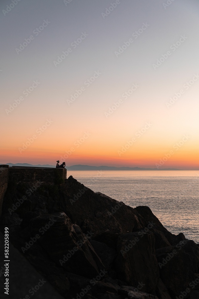 Vertical shot of a couple on the coast at sunset Vertical shot of a couple on the coast at sunset