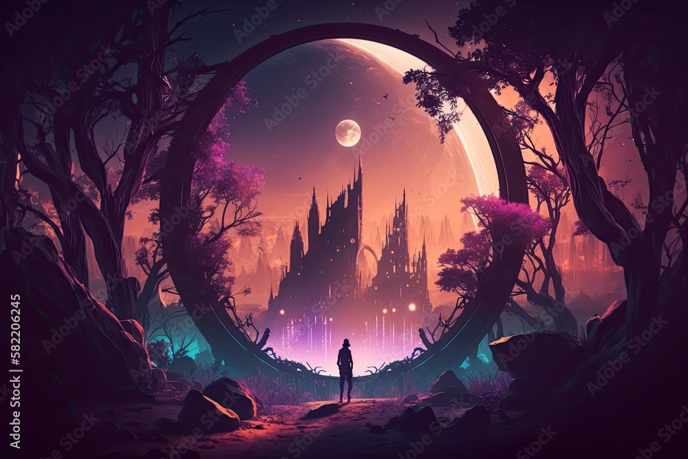 An Magical and Fantastic Journey Through a Dramatic Cityscape and Magic Forest at Night - An Artistic Scenic Environment That Will Take Your Breath Away, Generative AI