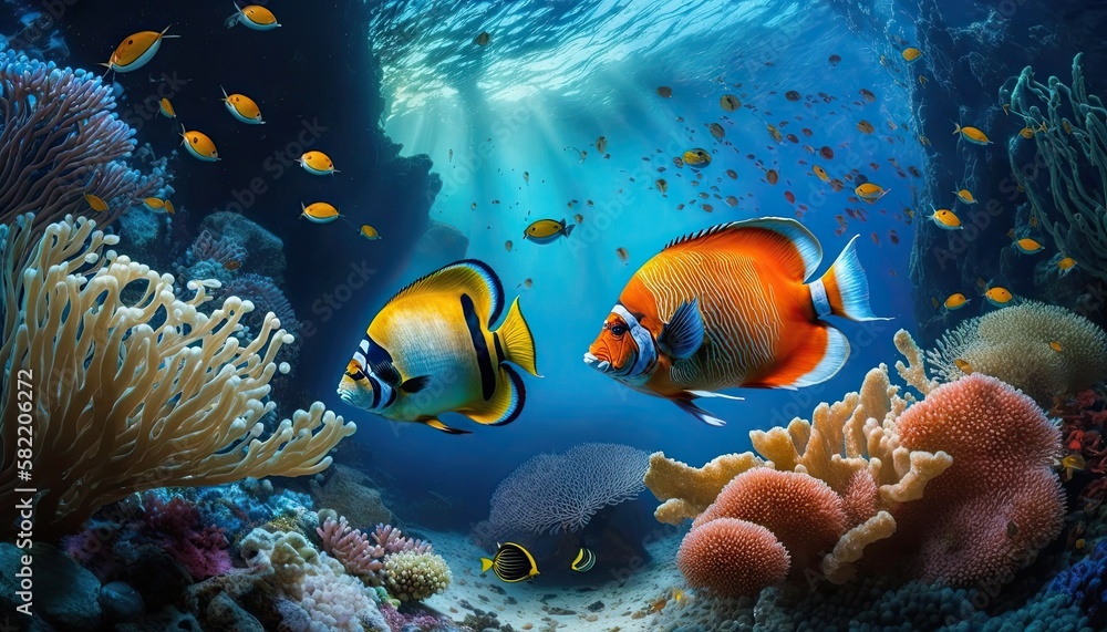 Exploring Nature's Splendid Underwater Reef: A Colorful World of Corals, Tropical Fish, and Ocean Life. Generative AI
