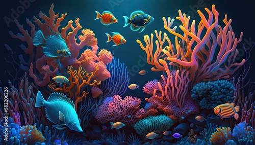 A Network-Generated Artificial Intelligence Art Concept: Tropical Underwater Life of a Coral Reef Background Style: Generative AI