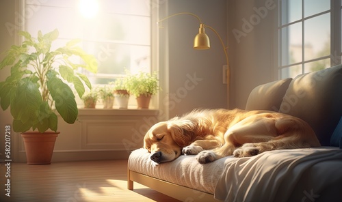  a dog laying on a couch in a room with a potted plant in the corner of the room and a potted plant in the corner of the room.  generative ai