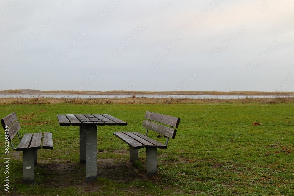Green park view with a wooden table and benches Green park view with a wooden table and benches
