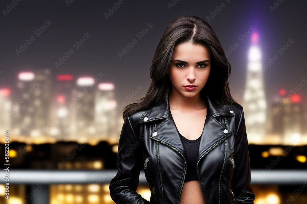 Brunette woman black leather jacket stands against backdrop night urban landscape with lights on buildings.Generative AI.