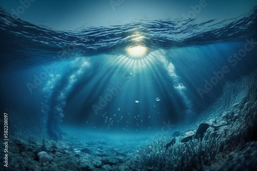 Underwater Sea Deep Water Abyss With Blue Sun light, generative ai