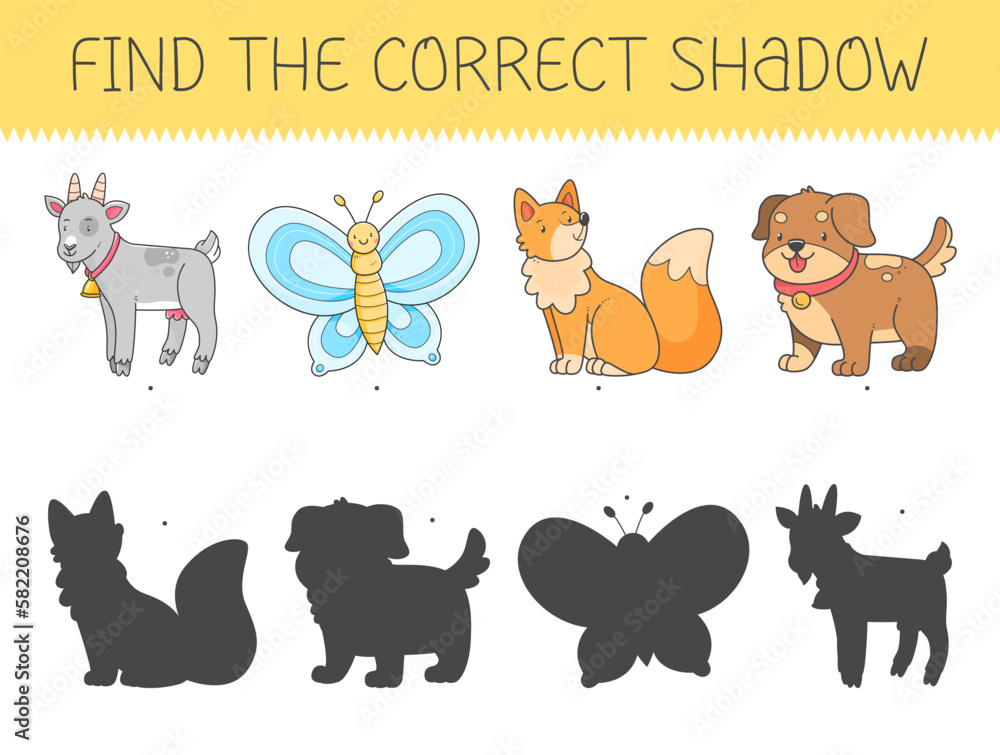 Find the correct shadow game with cute animals goat, butterfly, fox, dog. Educational game for children. Shadow matching game. Vector illustration.